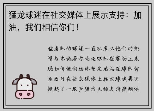 猛龙球迷在社交媒体上展示支持：加油，我们相信你们！