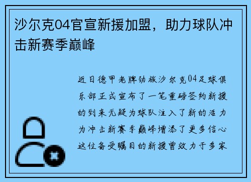 沙尔克04官宣新援加盟，助力球队冲击新赛季巅峰